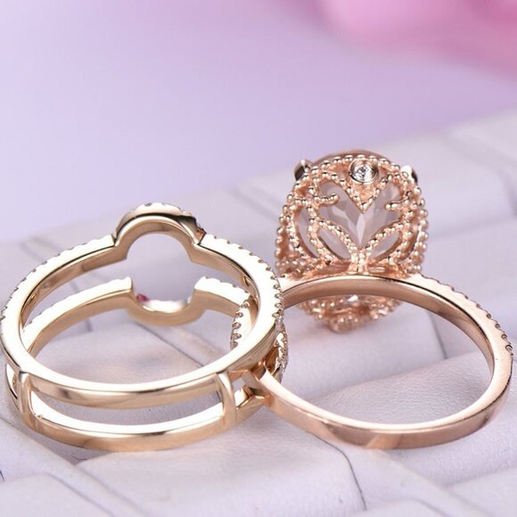 3 pcs/set Rose Gold Oval Bridal Wedding/Engagement Ring Set, VIP241 - Picture 9 of 10